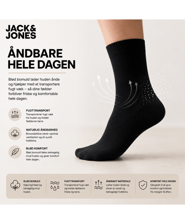 Jack & Jones 3-pak sorte ribstrømper til herre – onesize billede 2