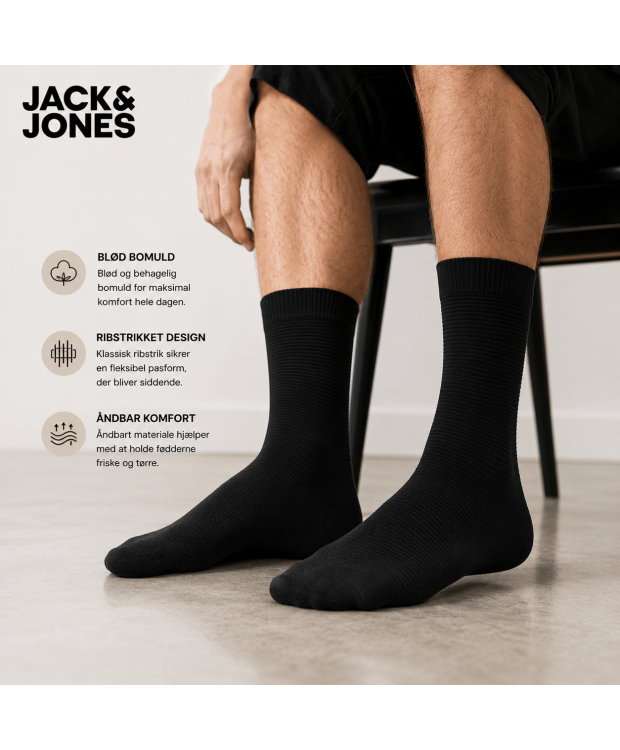 Jack & Jones 3-pak sorte ribstrømper til herre – onesize billede 3