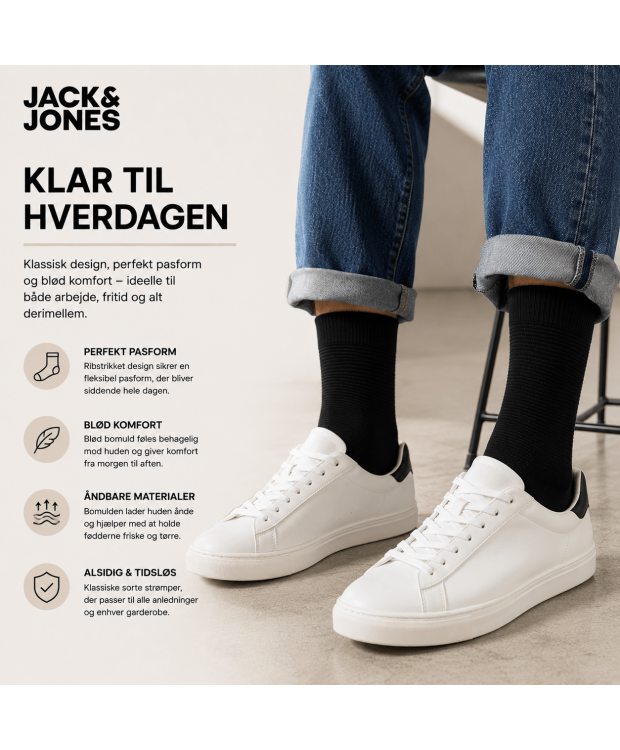 Jack & Jones 3-pak sorte ribstrømper til herre – onesize billede 4