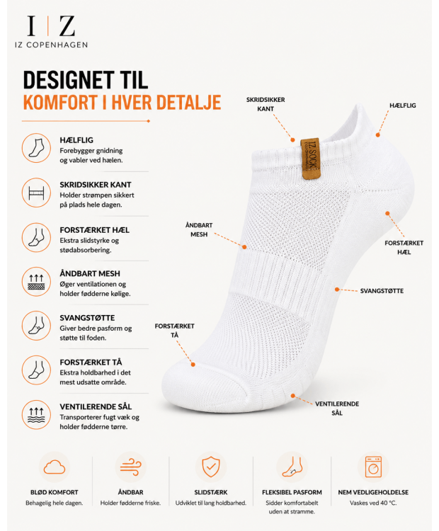 IZ Sock 3-pak hvide bomuldsankelstrømper – unisex billede 2