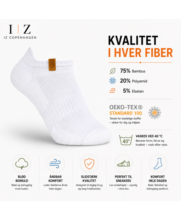 IZ Sock 3-pak hvide bomuldsankelstrømper – unisex billede 4