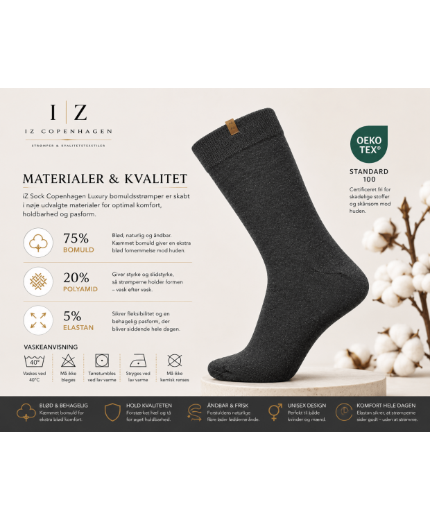 iZ Sock Copenhagen mørkegrå Luxury bomuldsstrømper unisex billede 5