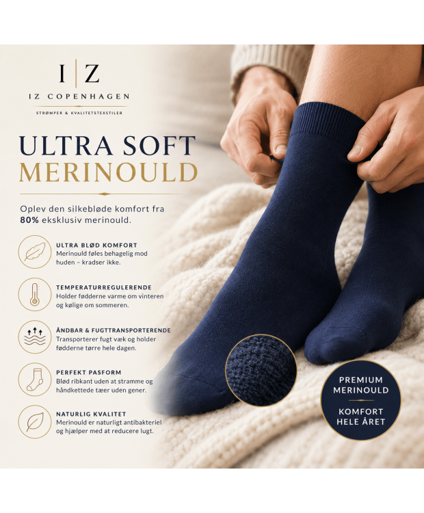 iZ Sock Copenhagen Premium Merinould Strømper Navy – Ultra Soft Uldsokker til Dame & Herre billede 2
