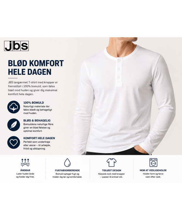 JBS grandad, long sleeve hvid med knapper til herre – 100 % bomuld billede 2