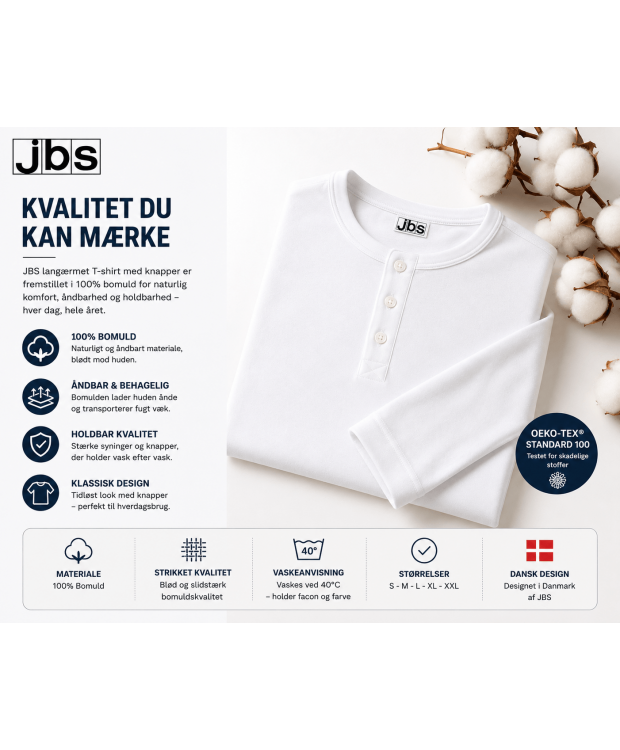JBS grandad, long sleeve hvid med knapper til herre – 100 % bomuld billede 3