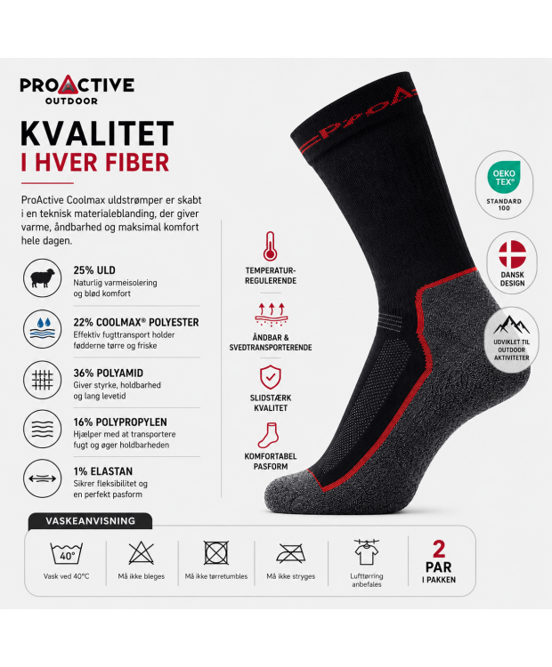 6 par ProActive Coolmax-uldstrømper 2-pak sort/grå til herre – detaljebillede 8
