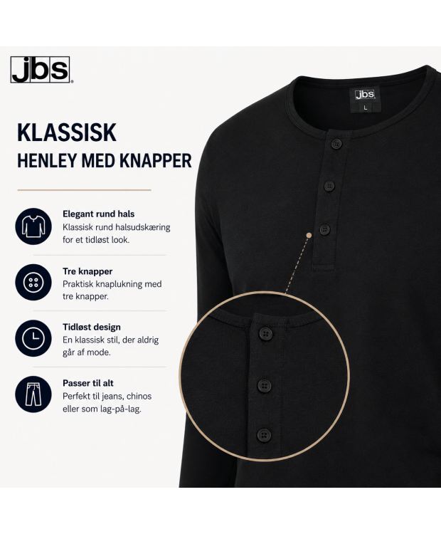 JBS sort langærmet T-shirt med knapper i bomuld til herre billede 10