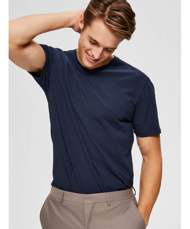 Selected T-shirt med V-hals i økologisk bomuldsblanding – navy – herre – OUTLET billede 4