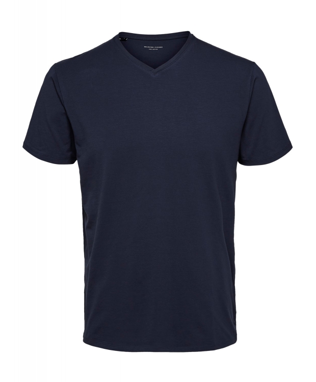 Selected T-shirt med V-hals i økologisk bomuldsblanding – navy – herre – OUTLET billede 1