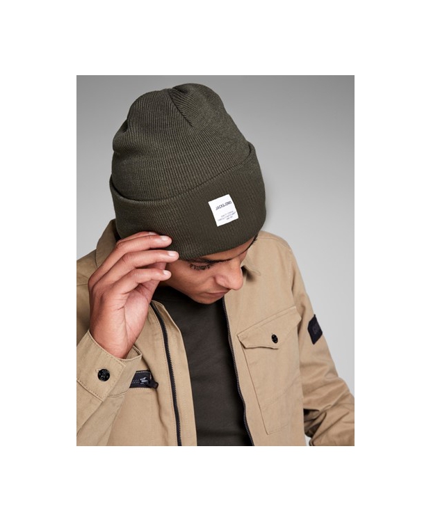 Jack & Jones mørkegrøn strikhue med opsmøget kant til herre – Outlet billede 2