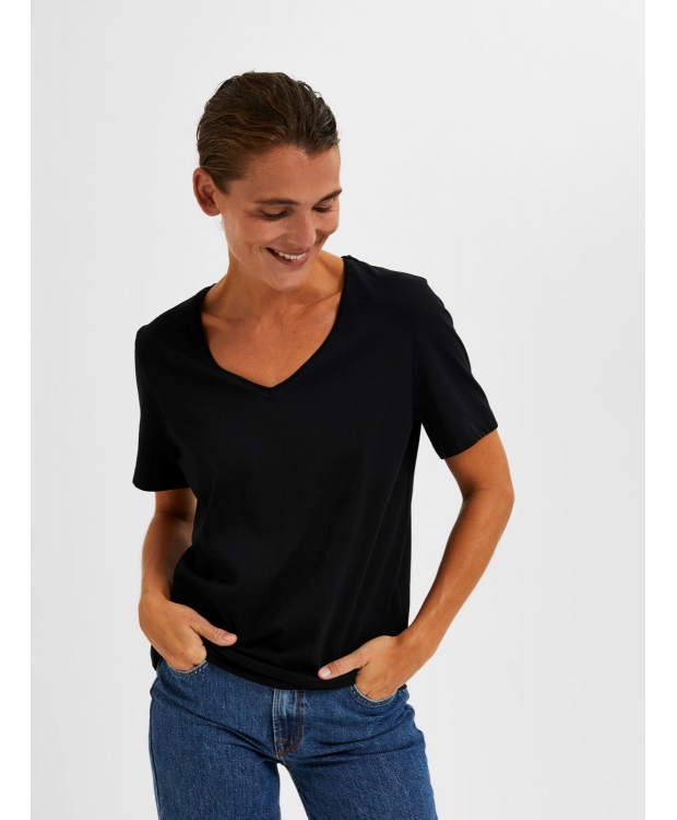 Selected sort T-shirt med V-hals til kvinder – OUTLET billede 4