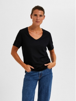 Selected sort T-shirt med V-hals til kvinder – OUTLET