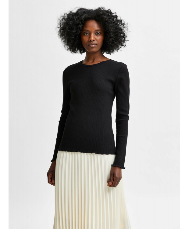 Selected sort ribbet langærmet T-shirt til kvinder – OUTLET billede 1